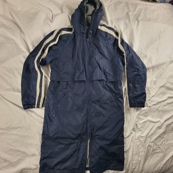 Vintage SPEEDO Blue Stripe Sleeve Long Swim Parka Fleece Lined Hooded Coat M